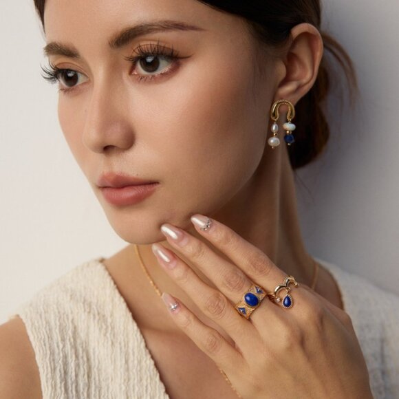 ✨ Artisan Original Lapis Lazuli & Enamel Statement Ring | S925 Gold Adjustable - Picture 9 of 15